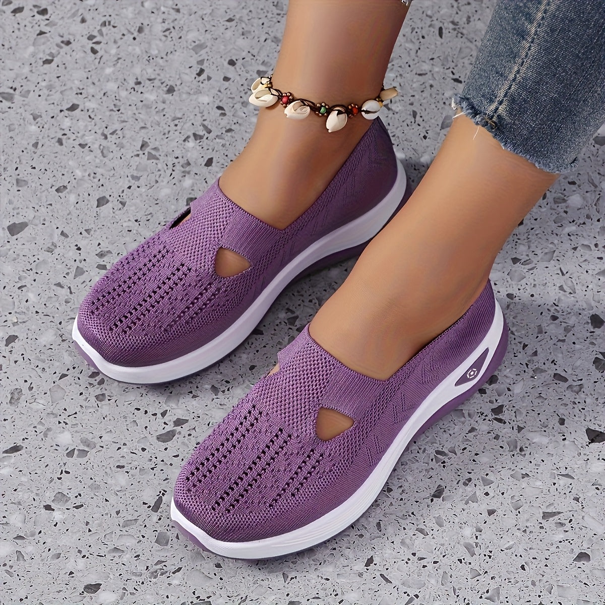 Women'S Breathable Knit Sneakers - Slip-On Low Top Sneakers with Plain Toe, Lightweight PVC Sole, and Comfortable Fabric Upper for All-Day Wear (Green, Blue, Black, Purple, Pink), Casual Footwear | Minimalist Design | Breatha